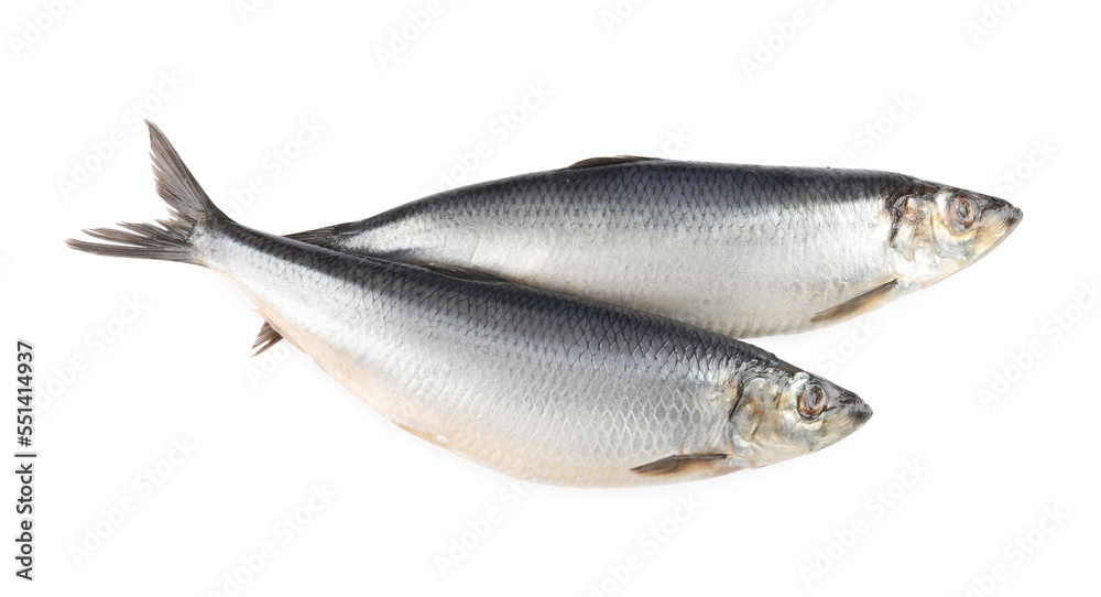 Whole delicious salted herrings isolated on white, top view Whole delicious salted herrings isolated on white, top view
