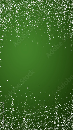 Falling snowflakes christmas background. Subtle flying snow flakes and stars on christmas green background. Beautifully falling snowflakes overlay. Vertical vector illustration.
