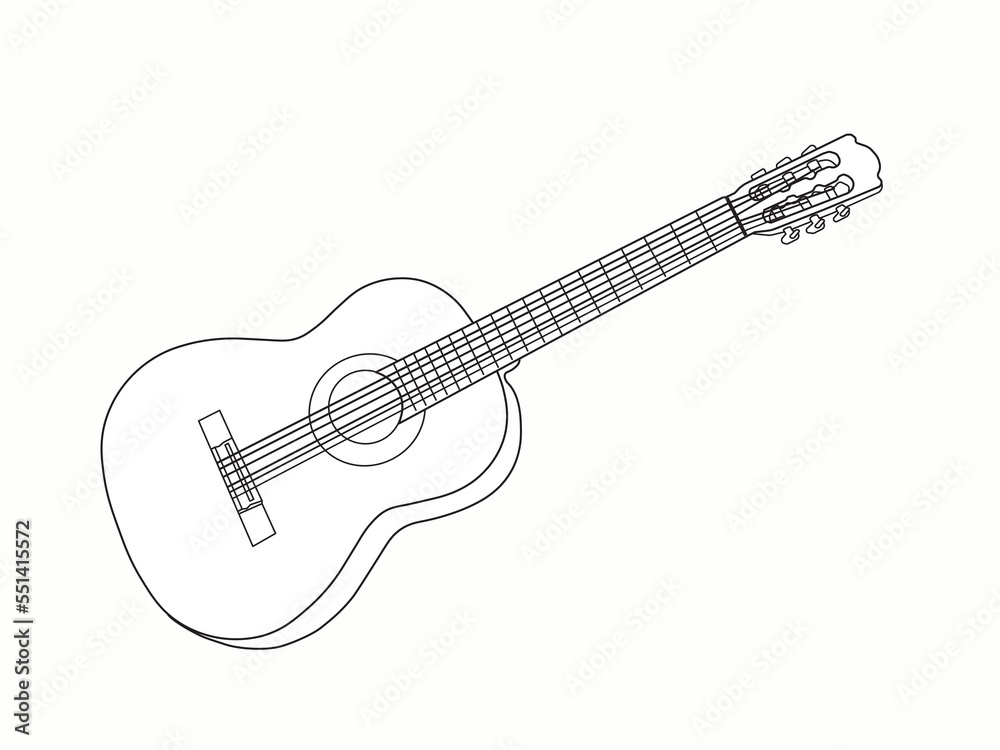 Outline classic guitar icon.That is an acoustic stringed musical instrument. Vector Illustration isolated on white background.