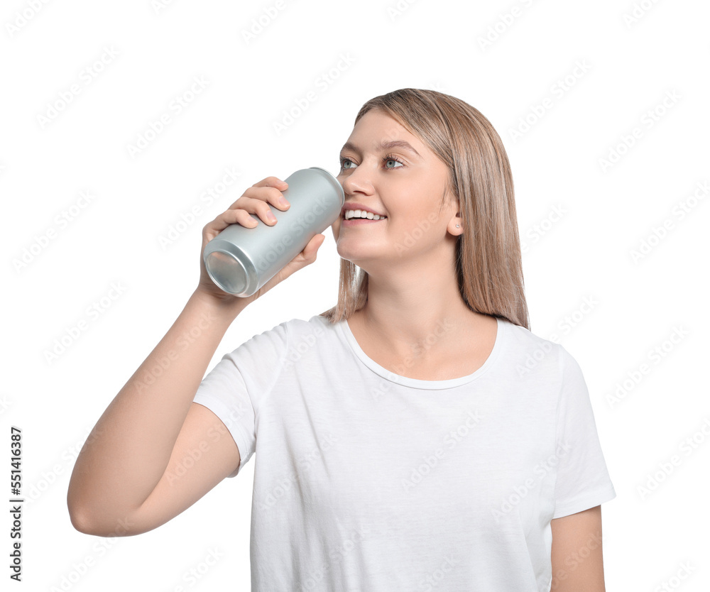 Beautiful woman drinking from beverage can on white background Beautiful woman drinking from beverage can on white background
