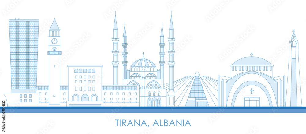 Outline Skyline panorama of city of Tirana, Albania - vector illustration