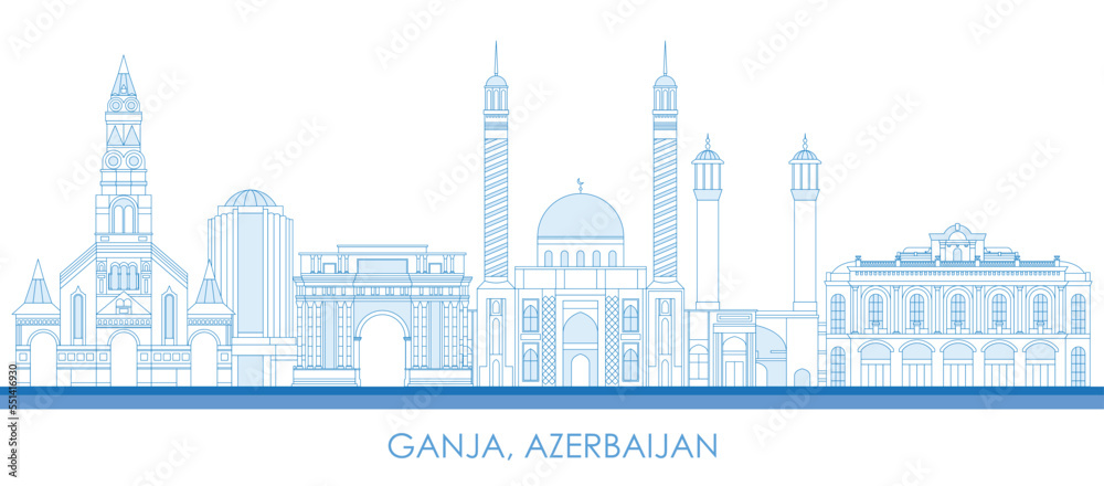 Outline Skyline panorama of city of Ganja, Azerbaijan - vector illustration