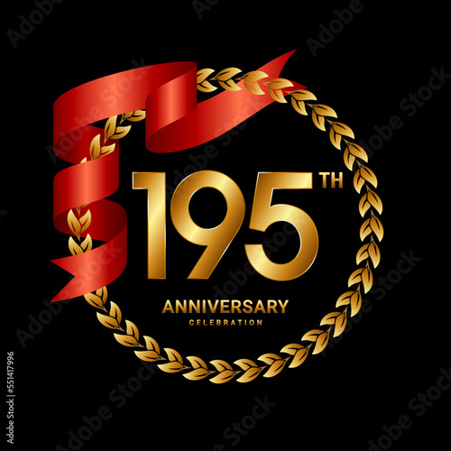 195th Anniversary Celebration. Anniversary Logo Design with Laurel Wreath and Red Ribbon for Celebration Event, Wedding, Invitation, Greeting Card. Logo Vector Illustration photo