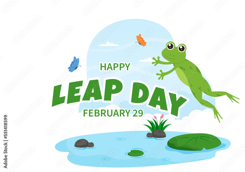 Obraz premium Happy Leap Day on 29 February with Cute Frog in Flat Style Cartoon Hand Drawn Background Templates Illustration