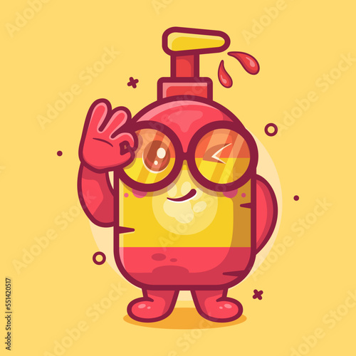 funny pet shampoo bottle character mascot with ok sign hand gesture isolated cartoon in flat style design