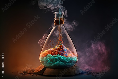 Extensive smoke and fumes from a vigorous chemical reaction within an erlenmeyer flask. photo