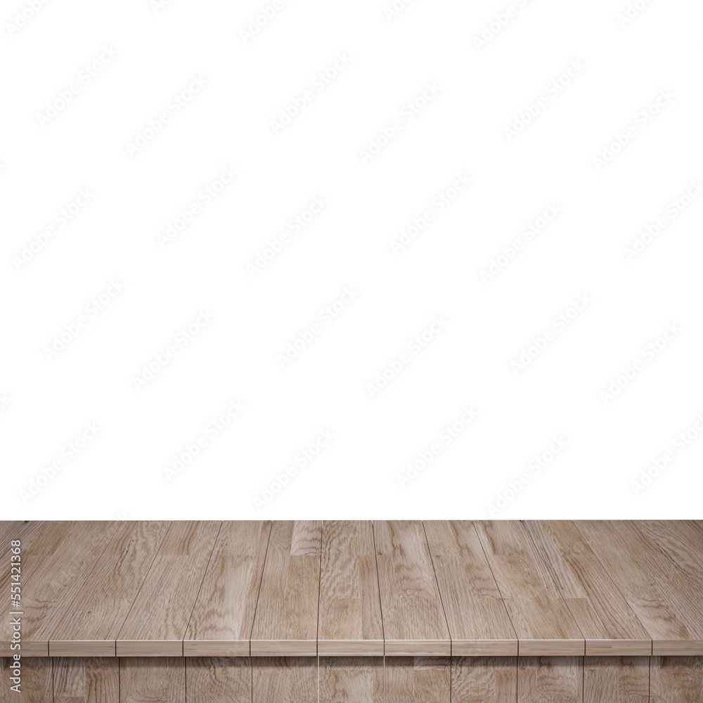 Wooden table foreground, wood table top front view 3d render isolated