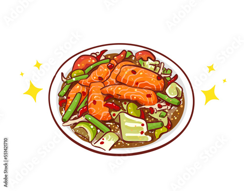 Spicy Salmon Salad spicy food restaurant logo hand draw vector illustration