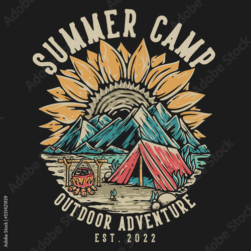 T Shirt Design Summer Camp Outdoor Adventure With Tent And Mountains Vintage Illustration
