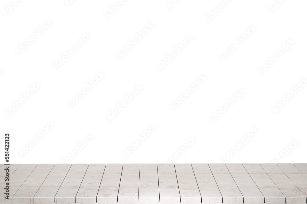 Wooden table foreground, wood table top front view 3d render isolated