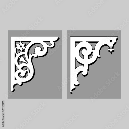 Craftsman Bracket cornice pieces for decorating or shelves. Decoration vector design for cutting on CNC or laser cut on wood corner design sample. wood corner home decoration
