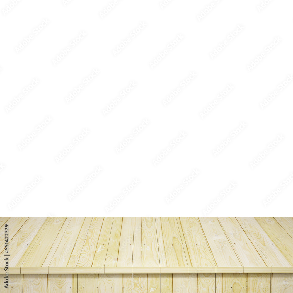 Wooden table foreground, wood table top front view 3d render isolated