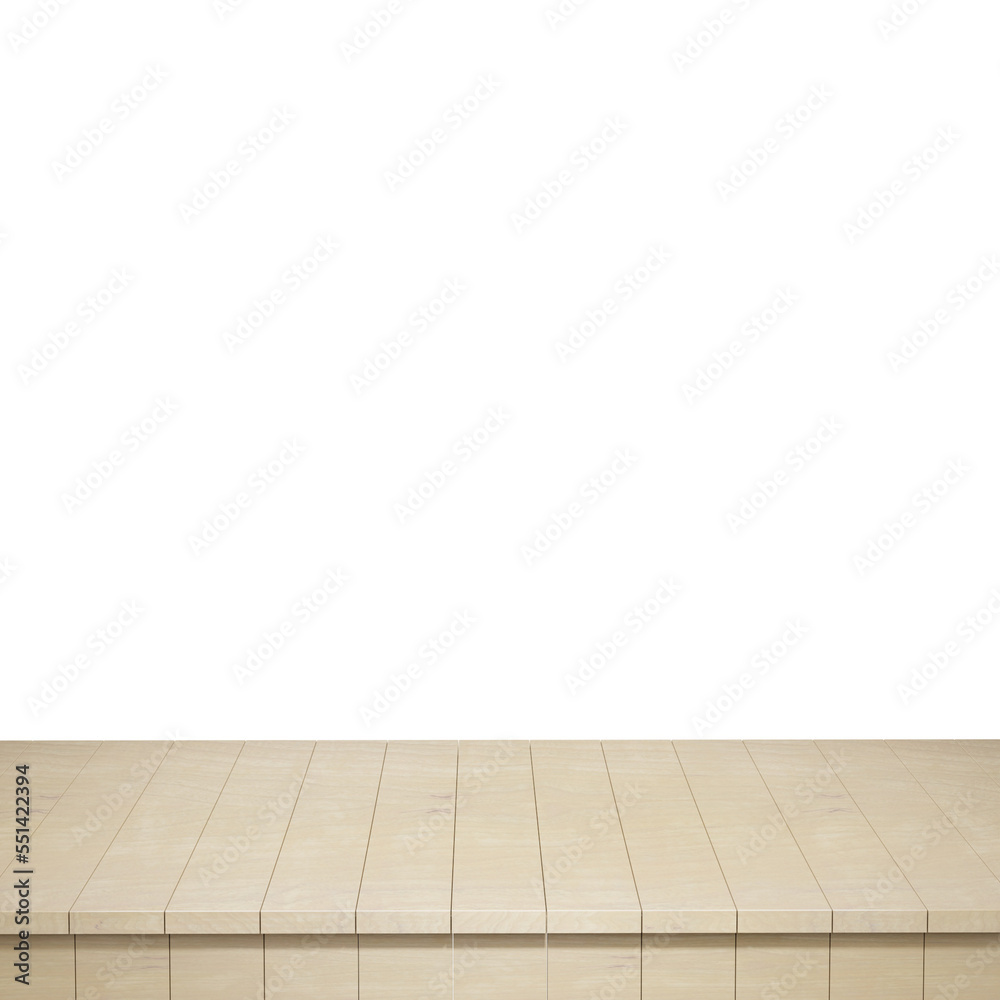 Fototapeta premium Wooden table foreground, wood table top front view 3d render isolated