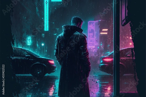 Heavy rain in a cyberpunk city neon lights a dark figure leaning against a wall © vuang