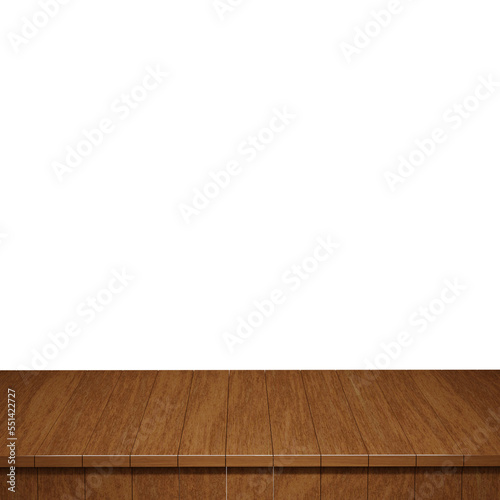 Wooden table foreground, wood table top front view 3d render isolated