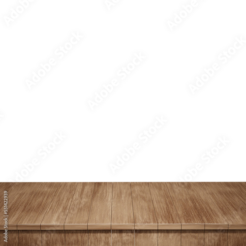 Wooden table foreground, wood table top front view 3d render isolated