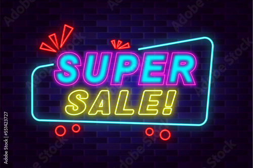 Super sale neon sign style text vector template
