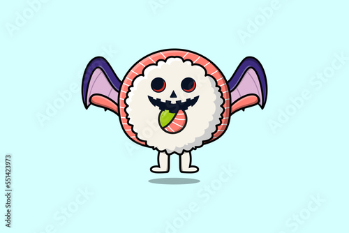 Cute mascot cartoon Rice sushi rolls sashimi character Scary bats illustration