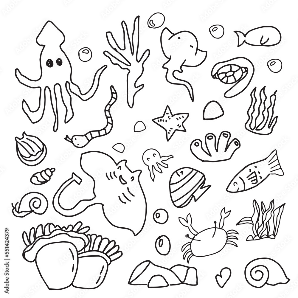 Set of ocean animal kawaii isolated on white background. Childish character. Colored flat cartoon vector illustration. Set of ocean animal kawaii isolated on white background. Childish character. Colored flat cartoon vector illustration.