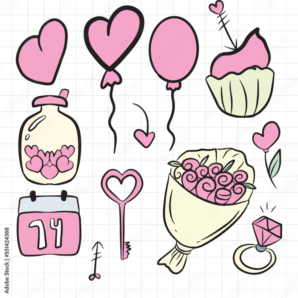 3D Valentine element.Variant pink color on valentine celebration. Big set of lovely objects for st. Valentines day in doodle style on white background