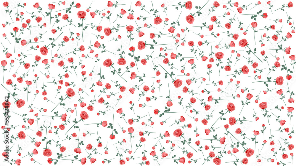 Summer Seamless Pattern with red roses on a  transparent  Background. For gift wrapping paper,  ornament for cloth, card, wedding, wallpaper, background and textile print. Vector Illustration