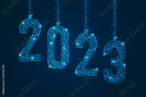 Abstract isolated blue image of new year number 2023. Polygonal low poly wireframe illustration looks like stars in the blask night sky in spase or flying glass shards. Digital web, internet design.