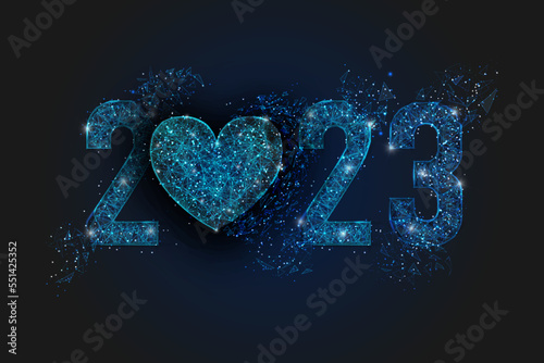 Abstract isolated blue image of new year number 2023. Polygonal low poly wireframe illustration looks like stars in the blask night sky in spase or flying glass shards. Digital web, internet design.