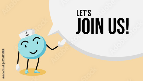 Sailor mascot with invitation bubble text. banner or background template for promotion, announcement, and marketing. Grand opening small business.