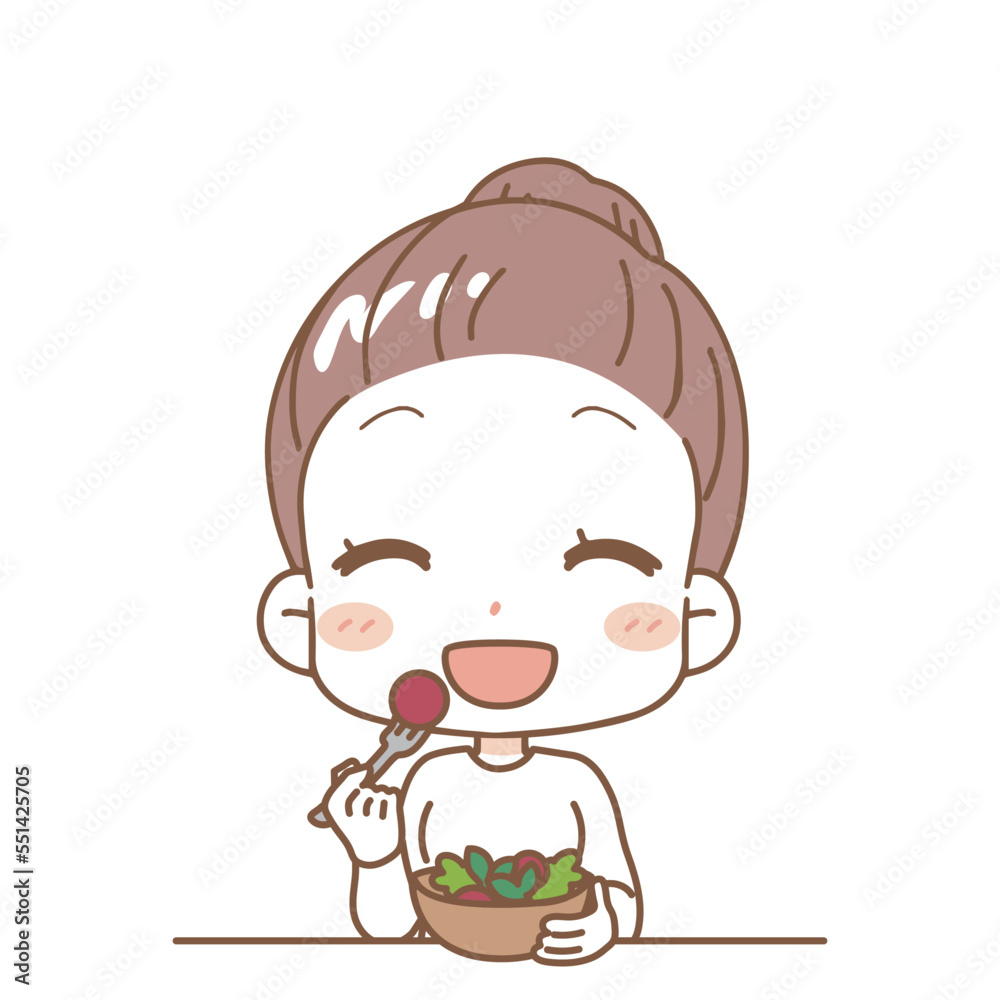 Illustration of a woman eating vegetables, upper body. Illustration of a woman eating vegetables, upper body.