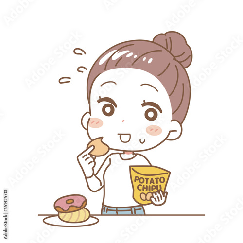 Illustration of a gluttonous woman, upper body.