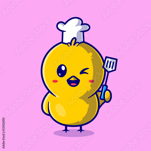 Cute Chick Chef Holding Spatula Cartoon Vector Icon 
Illustration. Animal Profession Icon Concept Isolated 
Premium Vector. Flat Cartoon Style