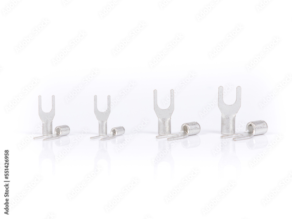Cable terminal, Non insulated spade terminal wire connector on white background. Cable terminal, Non insulated spade terminal wire connector on white background.