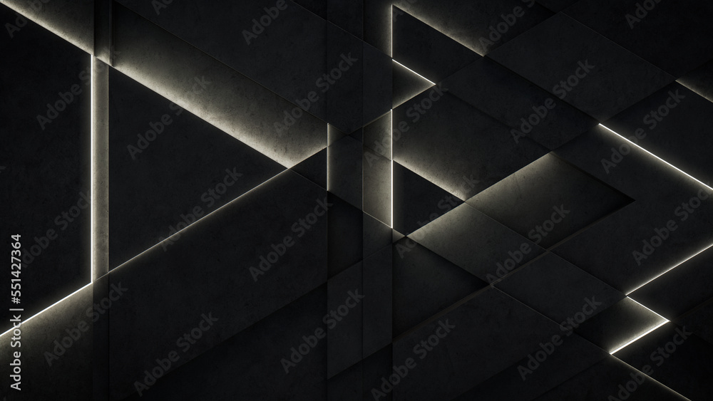 Dark, Concrete wall background, with integrated White light strips. Geometric Tech Wallpaper with Illuminated, Futuristic, 3D Blocks. 3D render Dark, Concrete wall background, with integrated White light strips. Geometric Tech Wallpaper with Illuminated, Futuristic, 3D Blocks. 3D render