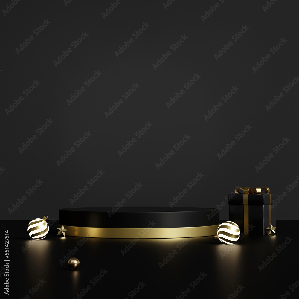 3D rendering black and gold product display stand with gift box and ...