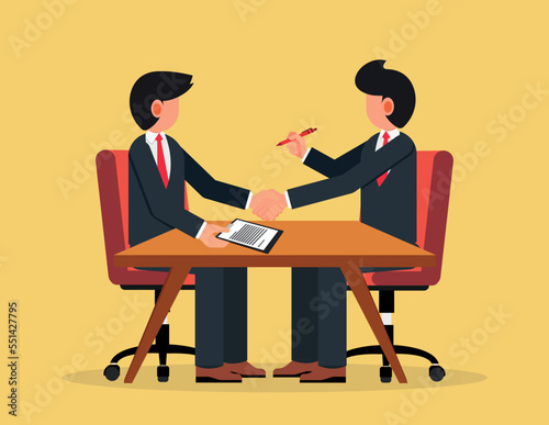 Business handshake. Businessmen shaking hands on negotiating table with signs signing