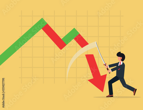 Stock price declining, Businessmen sell falling stocks in order to minimize the impact. Businessman cutting an arrow with a sword