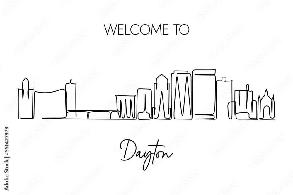 Dayton City Ohio skyline. One continuous line drawing. Hand drawn style design for travel and tourism concept