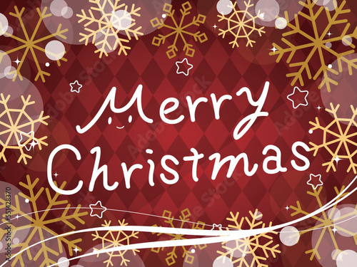 メリークリスマスの手書き文字入りカード　横位置　レッド系