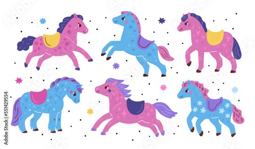 Cartoon funny ponies. Colorful little horses. Magical animals. Kids fairy pets. Children carousel decorative elements. Cute stallions with saddles. Galloping mammals. Garish vector set