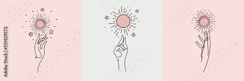 Set of icons for beauty salon, tarot, astrology, self love concept. continuous line art, hand and sun boho tattoo. Vector isolated illustration.