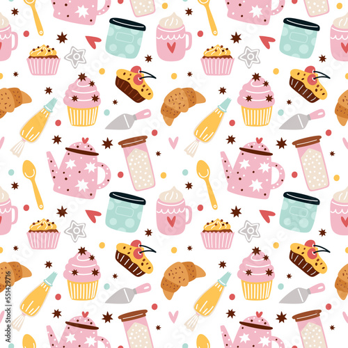 Confectionery seamless pattern. Pastries and sweet desserts. Kitchen ingredients and accessories. Sugar products. Culinary print design. Muffins and croissants. Garish vector background