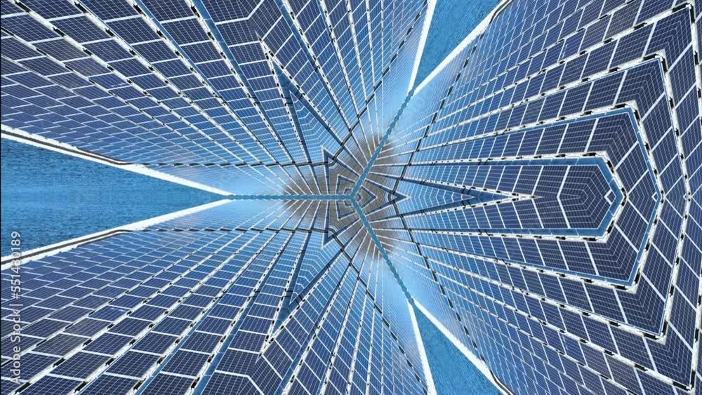 Surreal dream of meta universe, parallel dimension or cyber space, hi tech background of solar panels with inception style mirror effect