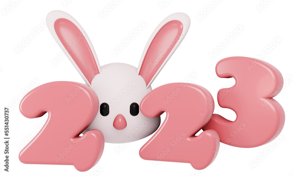 3D Render New Year 2023 number with cute rabbit zodiac cartoon style isolated on white. 3D Render illustration. 3D Render New Year 2023 number with cute rabbit zodiac cartoon style isolated on white. 3D Render illustration.