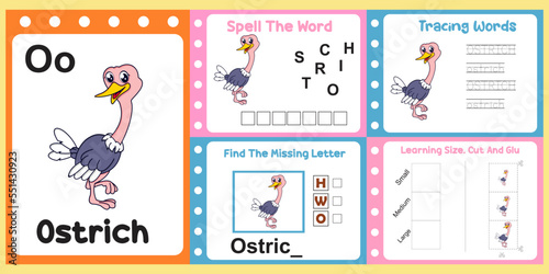 worksheets pack for kids with ostrich. fun learning for children