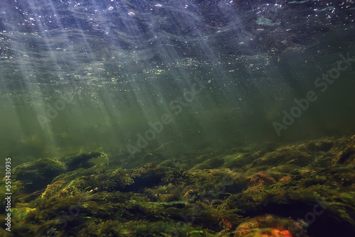 sun rays under water landscape, seascape fresh water river diving