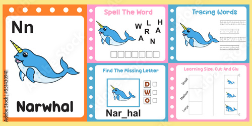 worksheets pack for kids with narwhal. fun learning for children