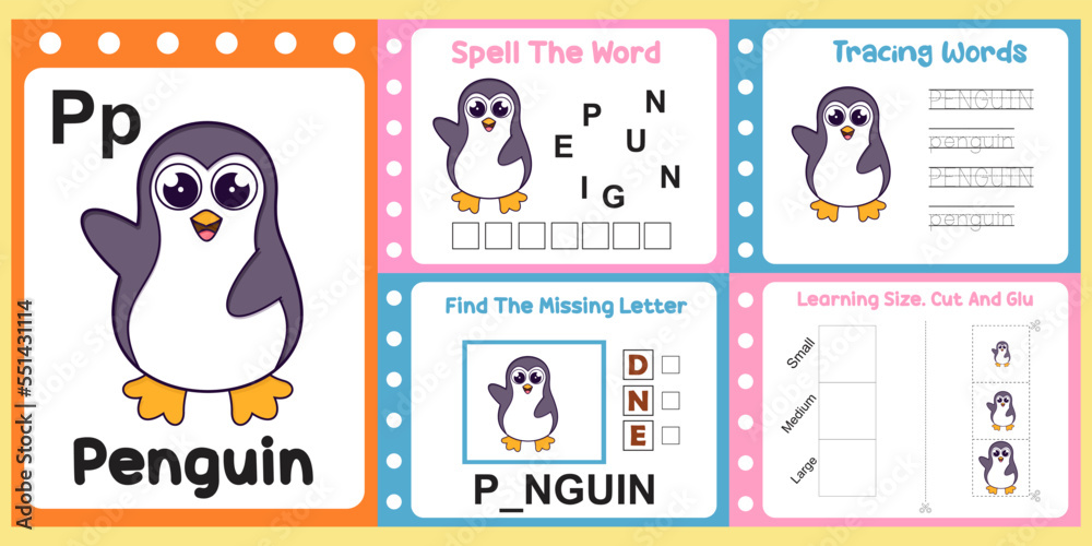 worksheets pack for kids with Penguin. fun learning for children Stock ...