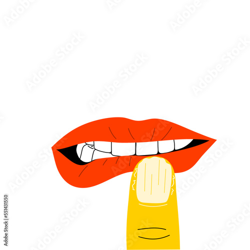 Isolated of mouth with lip and nail biting disorder, Body focused repetitive behaviors (BFRBs) symptom. Flat vector illustration.