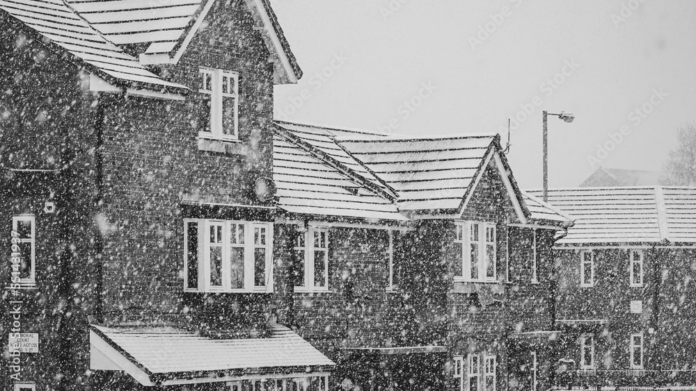 Obraz premium It's snowing in the city, black and white photo
