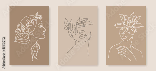 Female Face with Flowers Set Line Art Drawing. Woman Face and Flowers Minimalist Illustration. Woman Floral Minimal Sketch Drawing. Abstract Single Line, Home Decor, Wall Art. Vector EPS 10 